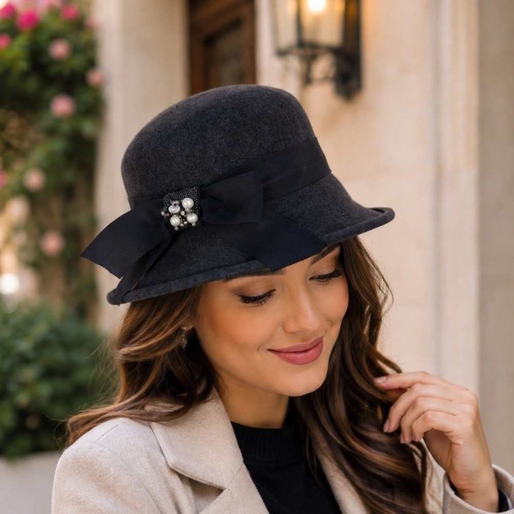 Scala Collezione Women Charcoal Grey 100% Wool Cloche Hat Pearl Crystal Bow Trim
